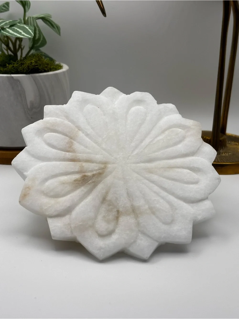 Lotus Flower White Carved Marble Soap Dish Unbranded